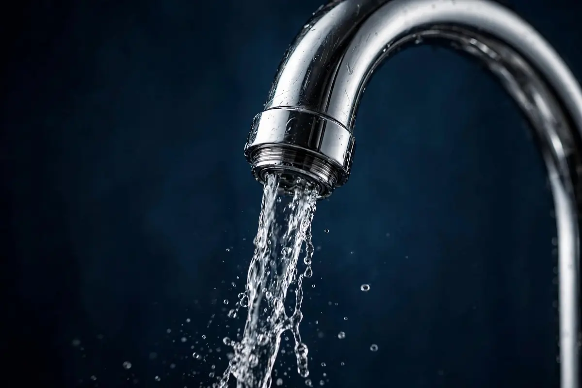 Chrome kitchen faucet with running water